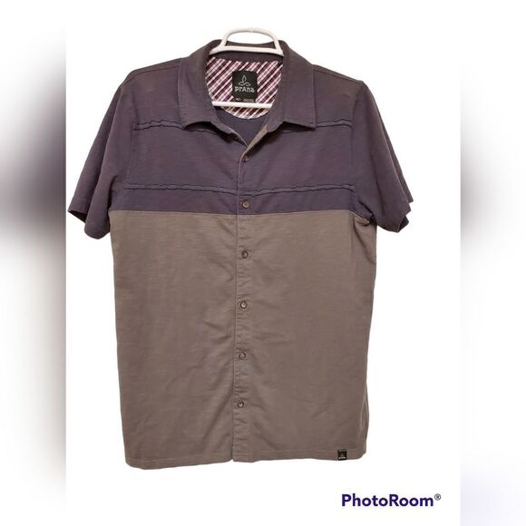 Prana Men’s Medium Blue Gray Colorblock Button Up Short Sleeve Shirt - Picture 1 of 6